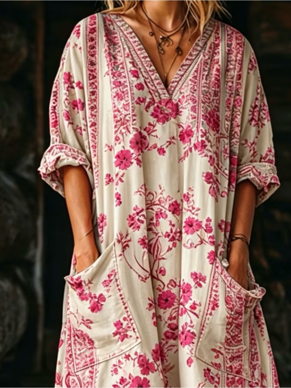 SHEIN Cream Tunic Dress with Pink Floral Print